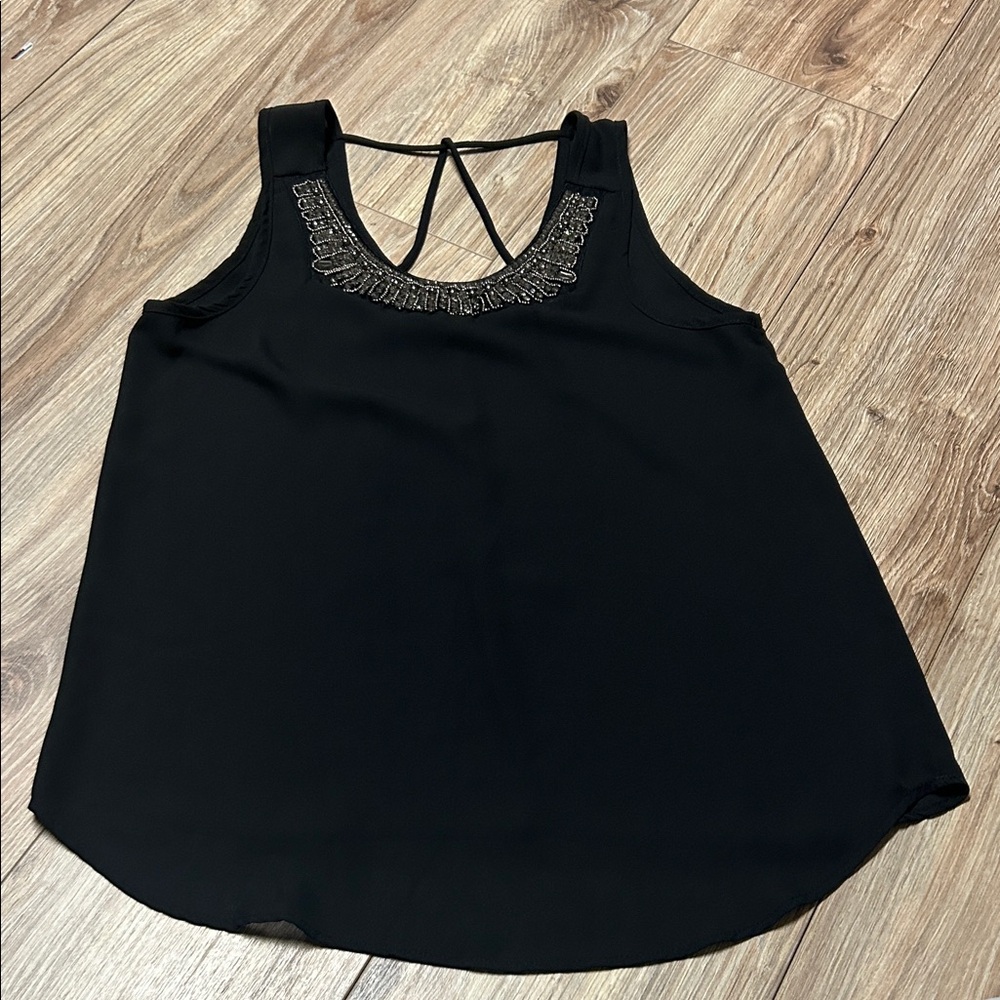 Daytrip Black Tank Top with Embellished Neckline